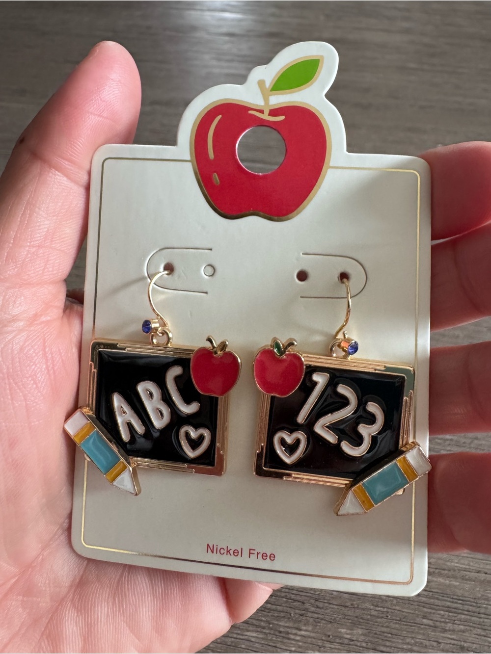 Back to school Blackboard ABC & 123 Dangle Earrings with Red Apple Accent